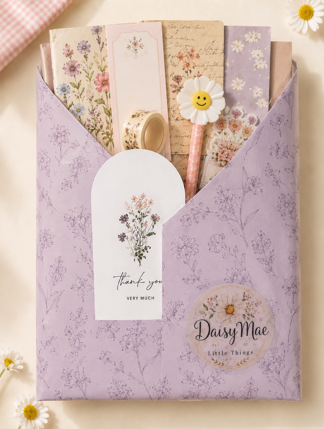 Daisy Mae Mystery Pack in lavender floral wrapping with thank you gift tag
